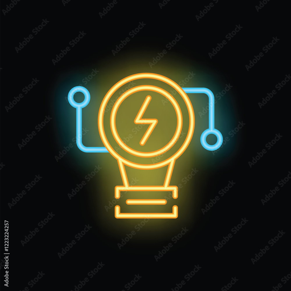 Poster neon light bulb connecting with a circuit is representing the power of an idea