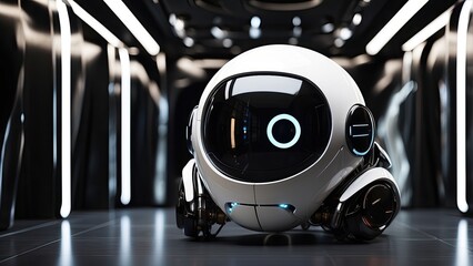 A sleek, futuristic robot with a round head and large,