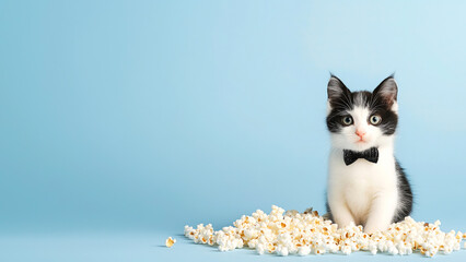 Cute kitten wearing bow tie sitting near popcorn on blue background with copy space