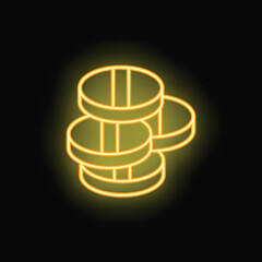 Neon yellow stack of coins is glowing on a black background