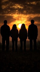Silhouetted friends watching sunset, rural landscape, friendship, hope