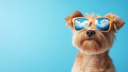 Funny dog wearing sunglasses reflecting blue sky with clouds on blue background with copy space