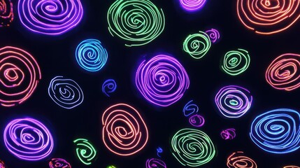 Vibrant neon spiral patterns in multicolored swirls on black background