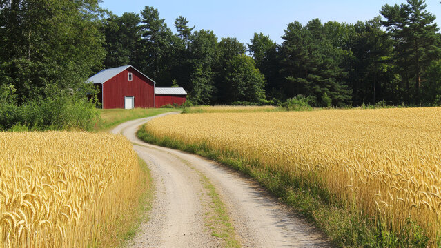Winding country road leading to red barn through golden wheat field