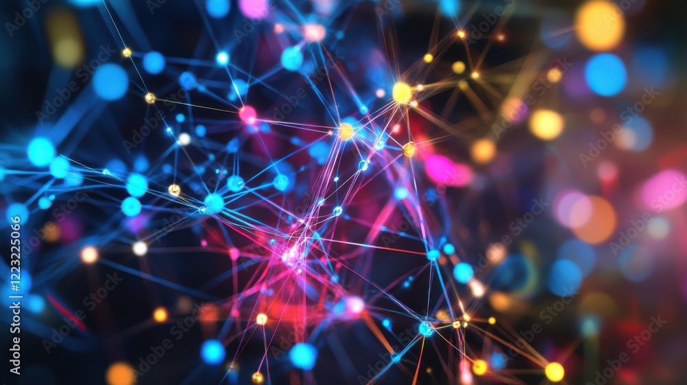 Poster colorful abstract network of glowing connections and nodes on dark background
