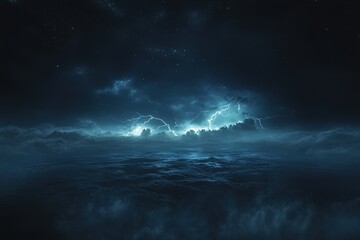 Lightning storm over a dark ocean at night