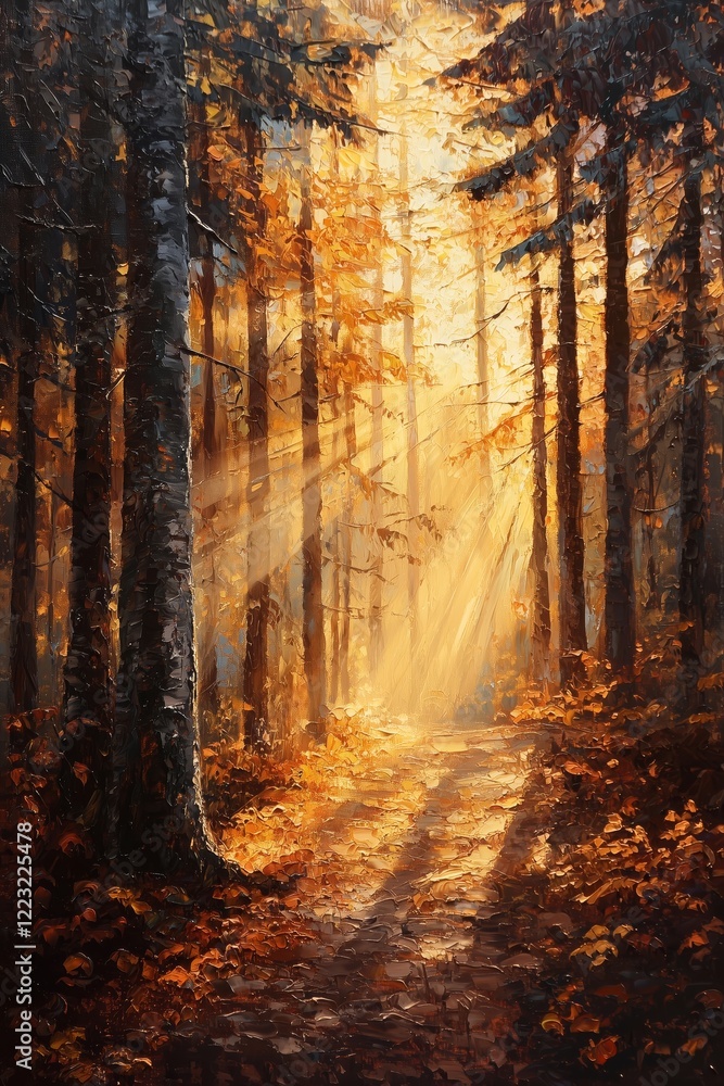 Poster enchanting autumn forest path with sunlight streaming through trees