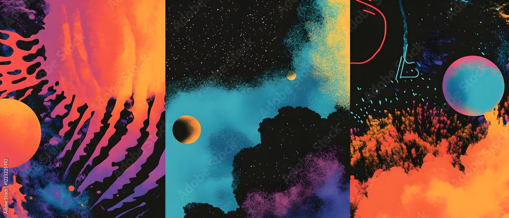 Poster celestial inspired abstract patterns featuring cosmic dust and otherworldly elements