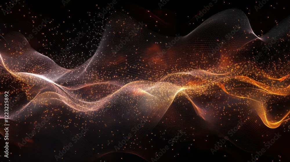 Poster glowing abstract wave with sparkling particles on dark background