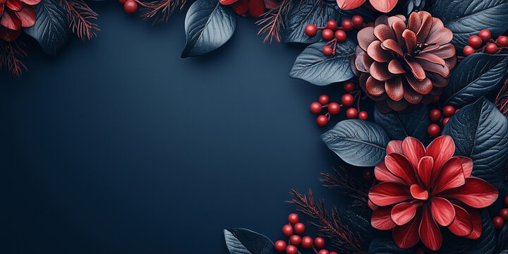 Sparkling holiday ornaments creating festive frame with copy space against deep blue background, evoking warm seasonal elegance