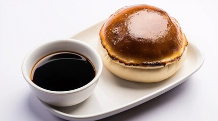 freshly steamed, golden-brown bao bun with crispy edges, placed on a white dish next to a small bowl of soy sauce for dipping, captured in soft natural light. Steamed Buns.Chinese Food 