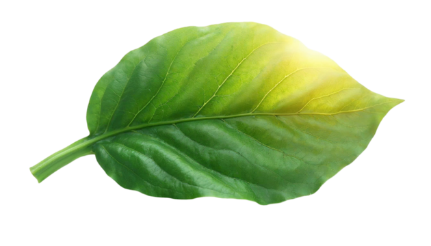 Detailed green leaf with visible veins and a golden yellow highlight against a black backdrop botanical photography