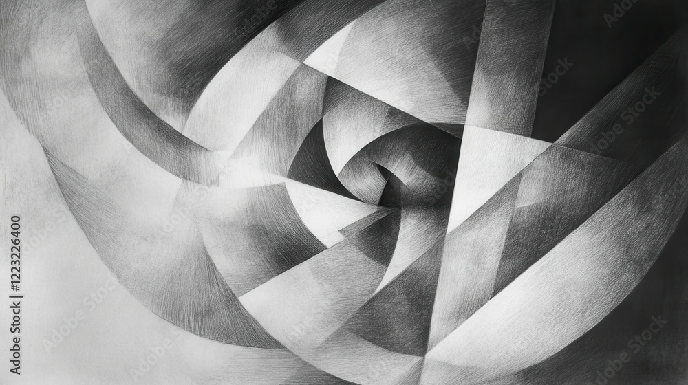 Poster monochromatic geometric abstract art with dynamic curves and shading