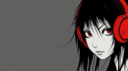 Anime girl listening music, headphones, grey background, digital art, website header