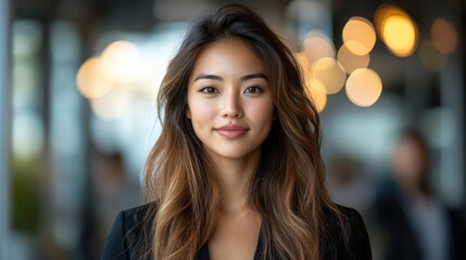 Confident young woman with long hair smiling in a modern office environment with blurred colleagues