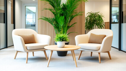 Fototapeta premium Modern office lobby interior design with comfortable seating and plants