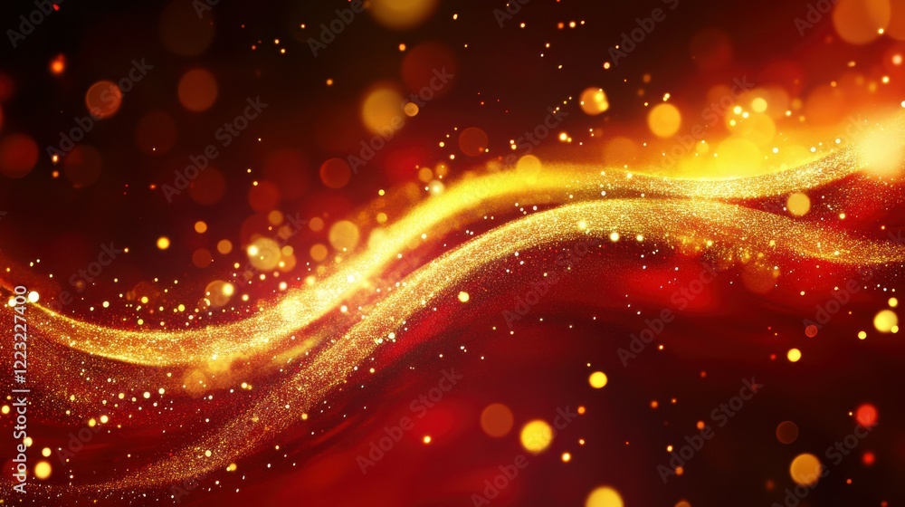 Poster vibrant red and gold abstract background with glowing bokeh and sparkling waves