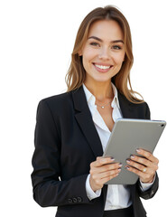 Fototapeta premium Confident Businesswoman Holding Tablet in Modern Corporate Attire on White Background
