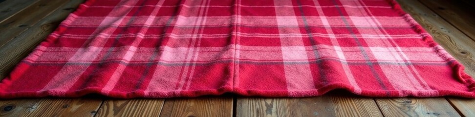 Red and pink checkered blanket spread on a vintage wooden floor, floor, checkered, blanket