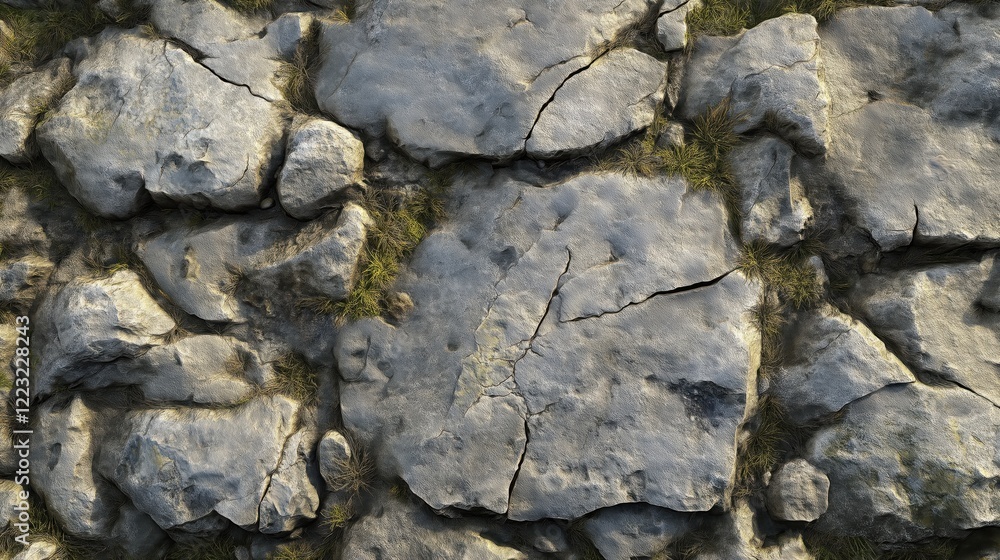 Poster Weathered stone wall with natural cracks and patches of grass in sunlight