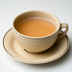 Teacup of herbal tea on saucer, white background, simple breakfast