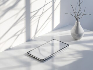 Obraz premium A white phone is on a table next to a vase. The vase is empty. The phone is turned off