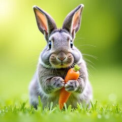Fototapeta premium Gray Rabbit Holding Carrot - Photorealistic