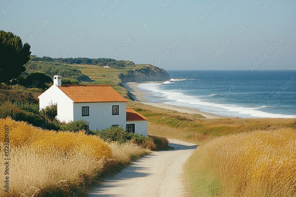 Canvas Prints Serene coastal house by the beach surrounded by golden grass, offering a peaceful retreat in nature Ideal for vacation and relaxation themes