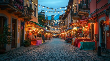 Fototapeta premium Vibrant Market Street Illuminated by Colorful String Lights at Dusk