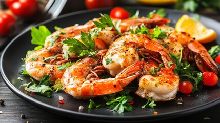 Grilled shrimps with spice in black plate