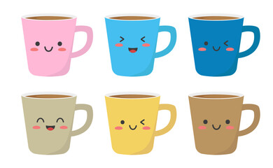 Set of coffee mugs in Kawaii style. Mugs in cartoon style. Vector illustration in a flat style. Isolated on a white background.