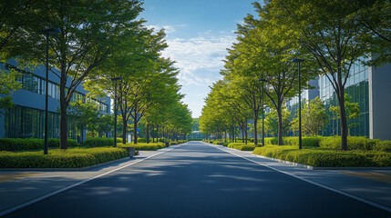Fototapeta premium Serene Urban Street with Lush Green Trees and Modern Buildings