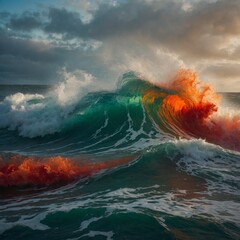 A dynamic representation of emotions, where bold brushstrokes of fiery red and orange crash against calming waves of blue and green, with textures that evoke tension and harmony simultaneously.