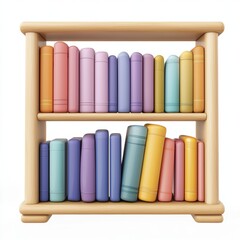 3D icon cartoon of a bookshelf with colorful books, isolated on a white background 