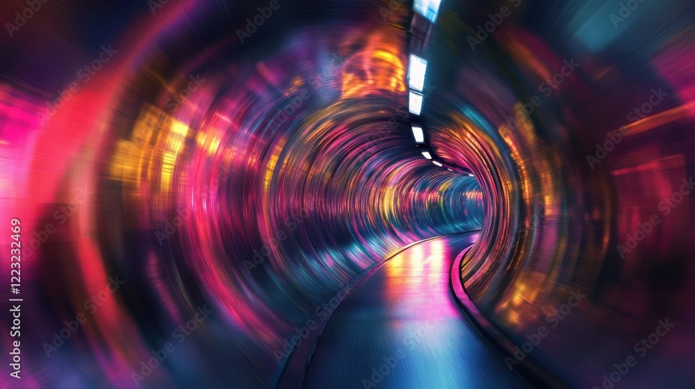 Poster neon abstract tunnel with colorful swirls and reflections