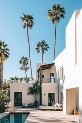Modern private villa surrounded by palm trees with a serene pool in a sunny location ideal for relaxation and leisure activities