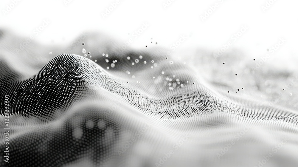Poster abstract black and white dotted wave pattern with floating particles
