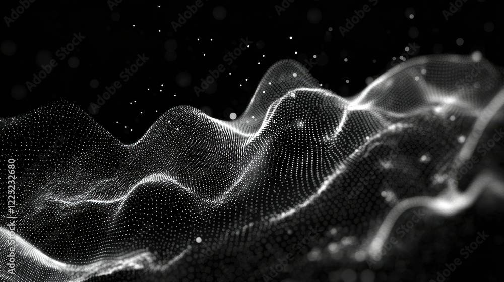 Poster abstract digital waveform with light particles on black background