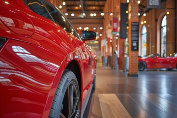 Sleek Red Sports Car Gleams Under Showroom Lights, Luxury and Automotive Insurance Concept