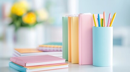 Fototapeta premium Pastel stationery on desk, books, pens, home office, study
