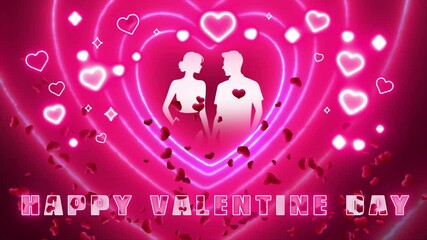 Couple Silhouette in Pink Glowing Love Video with Falling Hearts and "Happy Valentine Day" Text - Powered by Adobe