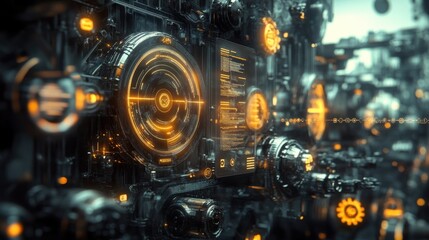 A crisp uncluttered shot of a tablets maintenance schedule interface with proactive maintenance alerts evident set against a backdrop of rotating gears and mechanized arms.