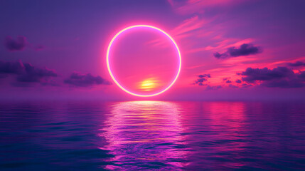 Surreal Neon Circle on Ocean Platform at Sunset