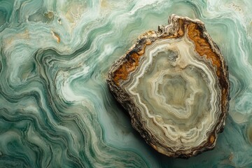 Obraz premium A mesmerizing agate slice with concentric bands of beige, brown, and white rests on a swirling teal onyx background.
