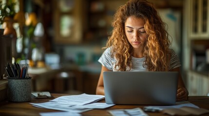Young woman with curly hair focused on laptop in a cozy kitchen surrounded by papers