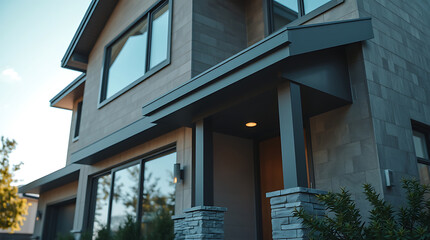 Fototapeta premium Modern House Exterior: Contemporary Home Design and Architecture. Luxury Real Estate Property with Gray Brick and Stone Facade