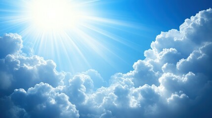 Bright sun shining through fluffy white clouds in a clear blue sky creating a serene natural landscape