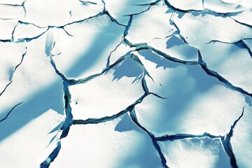 A close-up view of cracked, light-blue earth, possibly indicating drought or arid conditions.