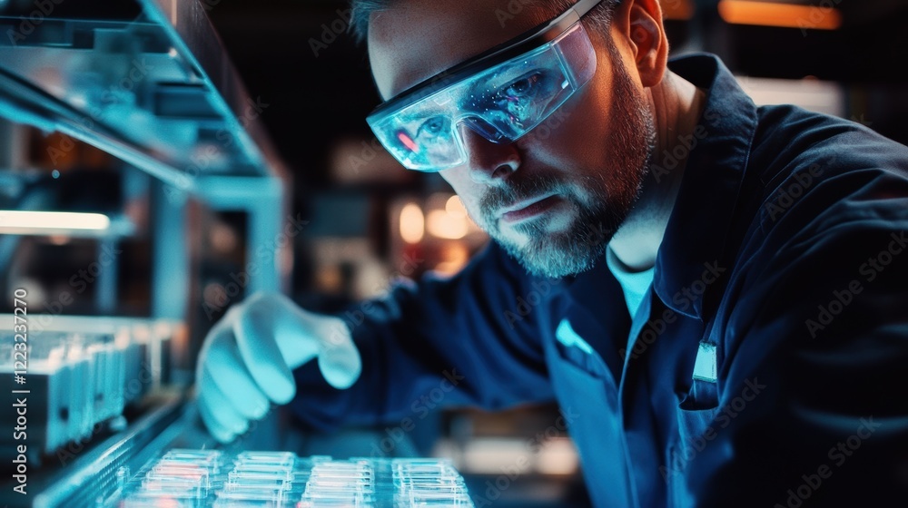 Poster a technician adjusts settings on a packaging machine with ar glasses providing a visual interface th