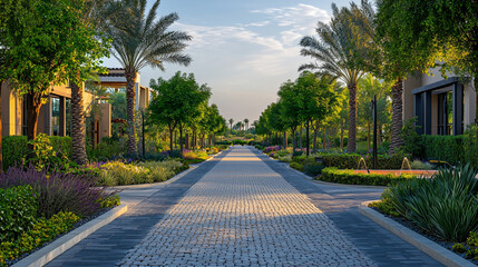 Naklejka premium Serene Pathway Surrounded by Lush Greenery and Palms at Sunset